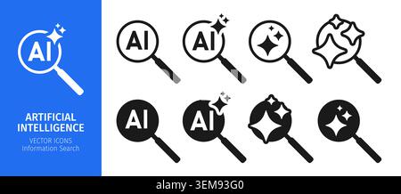 Jeu d'icônes de recherche AI. Loupe avec étoiles scintillantes magiques, symboles de concept d'intelligence artificielle. Apprentissage automatique trouver des signes applications d'interface utilisateur silhouette Web et design de ligne. Illustration isolée vectorielle Illustration de Vecteur