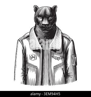 Animal sauvage noir panthère chat homme personnage dans les vêtements de veste militaire aviateur dans le style ancien vintage gravé dessiné à la main. Ligne d'encre numérique Illustration de Vecteur