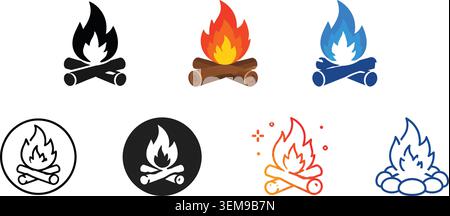 Jeu d'icônes de feu de camp et de feu de camp pour le camping et les activités de plein air Illustration de Vecteur