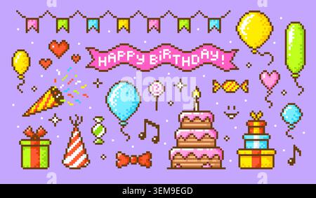Éléments d'anniversaire Pixel art. Autocollants de style rétro, icônes 8 bits 16 bits pour la fête. Bannière de ruban, gâteau avec bougie, ballons, bonbons, boîte cadeau, tidy Illustration de Vecteur
