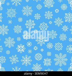Motif sans couture de flocons de neige d'art de pixel blanc. Chutes de neige, hiver saisonnier, noël et vacances du nouvel an impriment pour l'emballage, le tissu, le fond vectoriel Illustration de Vecteur
