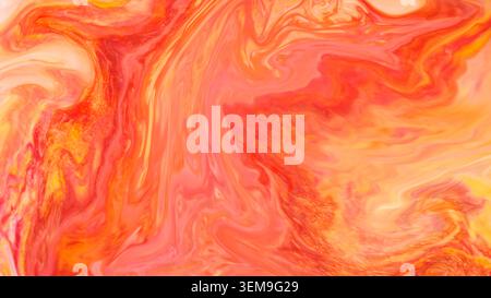 Fond tourbillonnant en marbre orange et rouge vif avec motif abstrait liquide fluide Banque D'Images