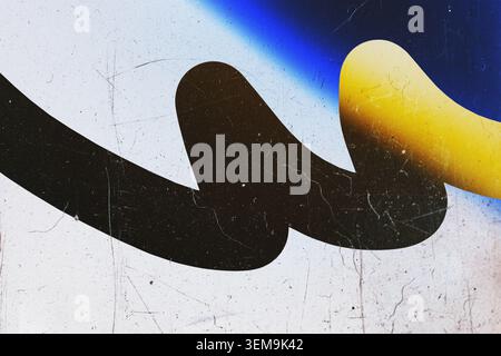 Formes graphiques ondulées abstraites en noir et jaune sur fond texturé avec grain Banque D'Images