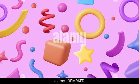 Des formes pastel 3D douces flottent dans un espace géométrique ludique, créant un fond abstrait joyeux pour les projets de conception numérique modernes Banque D'Images