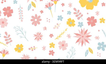 Un motif floral pastel doux sans couture avec des fleurs douces sur un fond jaune clair. Parfait pour les conceptions de printemps, emballage cadeau, papeterie, produits pour bébé, impressions de tissu, et une image de marque joyeuse Banque D'Images