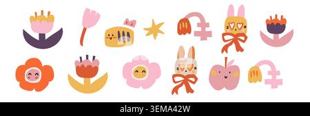 Ensemble mignon d'icône et d'autocollant pour enfants avec lapin et doodles. Illustration vectorielle Illustration de Vecteur