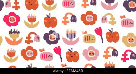 Motif de doodle mignon sans couture pour enfants avec des fleurs et des abeilles. Illustration vectorielle Illustration de Vecteur