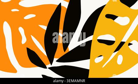 Illustration graphique de feuilles tropicales avec des feuilles noires et oranges à fort contraste, idéale pour les affiches modernes, les textiles et les papiers peints Banque D'Images