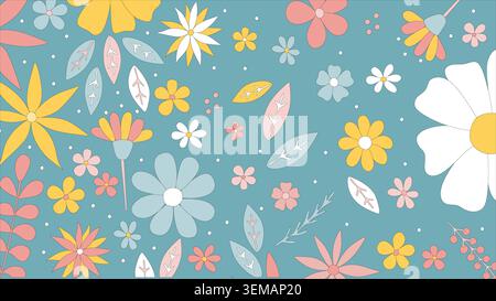 Un motif floral pastel de rêve sans couture avec des fleurs mignonnes sur un fond violet doux. Parfait pour les imprimés en tissu, la papeterie pour enfants, le papier d'emballage, la conception de scrapbook et les thèmes ludiques du printemps Banque D'Images