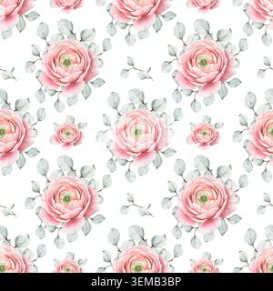 Motif aquarelle sans couture avec fleurs de ranoncule rose doux et feuilles d'eucalyptus de sauge, fond blanc. Pour les invitations de mariage et la conception textile, décor rustique intérieur et emballage. Banque D'Images