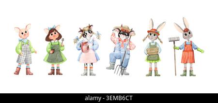 Un ensemble d'illustrations aquarelles d'animaux de ferme pour les enfants Banque D'Images