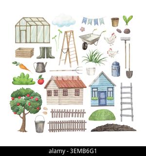 Un ensemble d'illustrations aquarelles sur un thème de ferme Banque D'Images