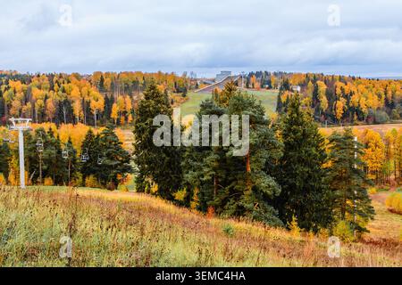 Paysage de station de ski présentant de beaux feuillages d'automne et des remontées mécaniques au loin. Banque D'Images