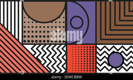 Imprimé géométrique abstrait moderne avec des carrés, des triangles et des textures ludiques inspirées de Memphis en corail, violet et marron Illustration de Vecteur