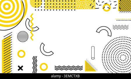 Fond géométrique de Memphis avec des formes abstraites jaunes et noires sur blanc, parfait pour les présentations modernes, les affiches numériques, les modèles Web et les visuels de marque créatifs Illustration de Vecteur