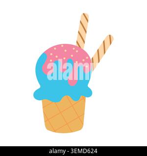 Crème glacée dans une tasse à gaufres. Style plat dessiné à la main. Motif dessert. Illustration vectorielle sur un fond blanc. Illustration de Vecteur