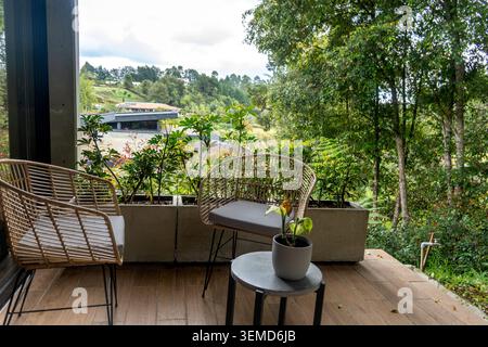 Un balcon confortable avec des chaises en osier et une petite table ronde tient une plante en pot, sur fond d'arbres luxuriants et de collines lointaines, capturant un tr Banque D'Images
