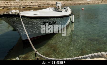 Petit bateau de pêche blanc traditionnel amarré dans une eau turquoise transparente peu profonde à Tisno, Croatie. Banque D'Images