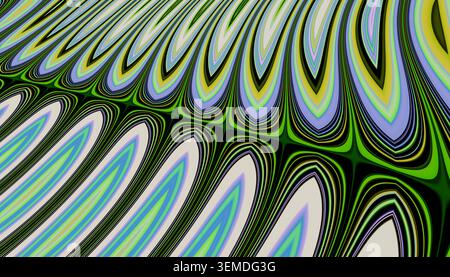 Fond abstrait psychédélique avec des motifs d'ondes vertes, bleues et noires qui forment des formes ovales répétitives, créant une texture psycho hypnotique fo Banque D'Images