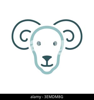 Illustration minimaliste d'art à ligne plate d'un bélier ou d'une tête de mouton avec de grandes cornes enroulées. Idéal pour les conceptions de mascotte, de ferme ou de zodiaque. Illustration de Vecteur