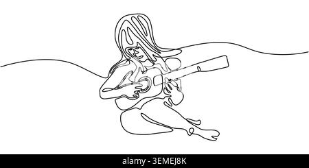 Dessin minimaliste en ligne continue d'une fille jouant de la guitare acoustique Illustration de Vecteur