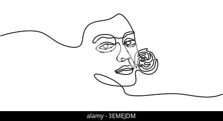 Minimaliste dessin en ligne continue d'une femme tenant une Rose Illustration de Vecteur