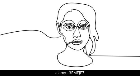 Dessin minimaliste en ligne continue d'un portrait du visage frontal d'une femme Illustration de Vecteur