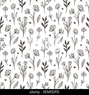 Modèle sans couture avec des fleurs dessinées à la main style doodle. Illustration botanique avec fleur de croquis et feuille. Papier peint décoratif graphique pour la conception textile, la papeterie et les invitations de mariage Illustration de Vecteur