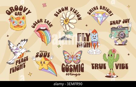 Stickers groovy hippie y2k funky avec mascottes vectorielles Trippy. Dessin animé rétro groovy fleur de Marguerite, colombe de paix, étoile arc-en-ciel et chat dans des verres funky. Y2K Hippy Girl lèvres, fusée et autocollants papillon Illustration de Vecteur