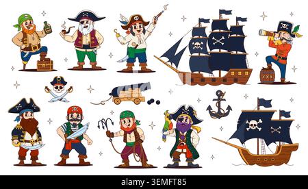 Pirate de bande dessinée et personnages de marin corsaire avec des navires, des canons, des épées, un coffre au trésor, une ancre et un perroquet. Dessins animés vectoriels aventureux y2k pour la voile, l'exploration et l'aventure maritime Illustration de Vecteur