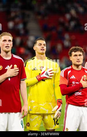 Budapest, Hungary. 05th, June 2026. Goalkeeper Aron Yaakobishvili (12) of Hungary seen after the football friendly between Hungary and Finland at the Puskas Arena in Budapest. Banque D'Images
