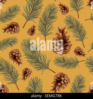 Motif sans couture confortable sur le thème de l'hiver avec des branches et des cônes de pin. Motif automne. Aquarelle. Nature morte d'automne. Illustration pour enfants. Convient pour Banque D'Images
