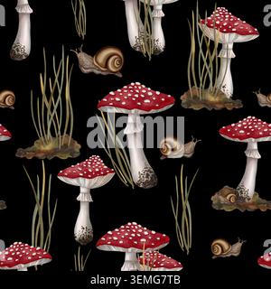 Motif aquarelle sans couture avec champignons agariques à mouche rouge, escargots et herbe forestière. Nature morte d'automne. Illustration pour enfants. Convient pour les livres, p Banque D'Images