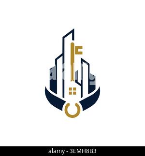 Logo de propriété professionnelle représentant des bâtiments de la ville et une forme clé. Illustration de Vecteur
