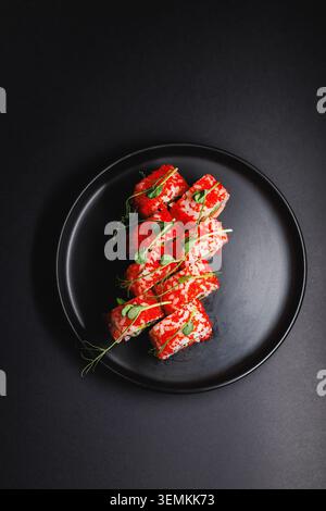 Les rouleaux de sushi sont disposés soigneusement sur une plaque noire ronde. Les sushis présentent des garnitures rouge vif et des herbes vertes. Le cadre est simple et contemporain Banque D'Images