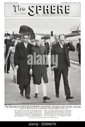 1949 le magazine sphère Pandit Nehru, premier ministre indien, arrive à l'aéroport de Londres Banque D'Images