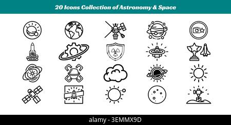 Un ensemble de 20 icônes épurées et minimalistes représentant divers éléments astronomiques et spatiaux comme des planètes, des fusées, des télescopes et des satellites. Parfait pour Illustration de Vecteur