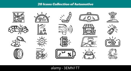 Un ensemble diversifié d'icônes de ligne noir et blanc représentant diverses pièces automobiles, outils et symboles comme les éléments du tableau de bord de voiture, l'entretien du véhicule Illustration de Vecteur