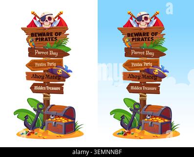 Panneau pirate en bois, panneaux de panneau de panneau de signe corsaire avec coffre au trésor de dessin animé, crâne et chapeau de capitaine. Vieux panneau en bois à la plage avec méfiez-vous des pirates, de la baie des perroquets et des panneaux cachés au trésor Illustration de Vecteur