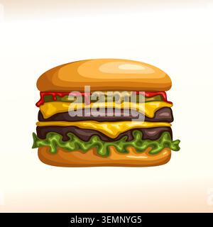 Logo vectoriel pour Cheeseburger, écriteau avec pain coupé en deux, viande de bœuf grillée, tranche de fromage cheddar, salade de feuilles de laitue et ketchup, cheesebur Illustration de Vecteur