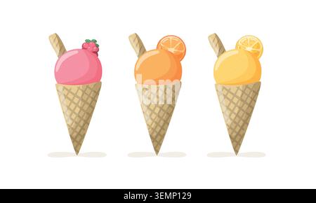 Cornets de crème glacée sertis avec des saveurs de framboise, d'orange et de citron. Ensemble de crème glacée en cône gaufré à trois fruits pour la conception estivale Illustration de Vecteur
