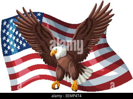 Majestueux aigle chauve planant devant un drapeau américain agitant, symbolisant la liberté nationale et le patriotisme. Illustration de Vecteur
