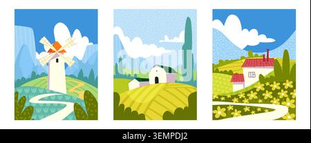 Ensemble d'affiches géométriques de scène de ferme. Illustration vectorielle de motifs de campagne colorés avec moulin à vent sur la colline, grange dans le champ vert, maison dans le jardin avec des fleurs, beaux paysages ruraux Illustration de Vecteur
