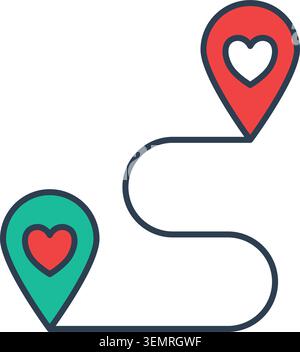 Icône de deux épingles d'emplacement avec des symboles de coeur reliés par un chemin, représentant un voyage d'amour, voyage romantique, et destination. Illustration de Vecteur
