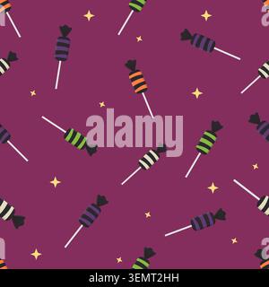 Joli fond de modèle sans couture d'Halloween avec des bonbons rayés colorés, des sucettes et des étoiles jaunes. Illustration vectorielle sur fond violet pour Fab Illustration de Vecteur