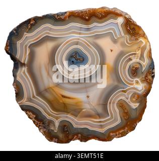 Coupe transversale d'une géode d'agate polie présentant des bandes concentriques complexes, des motifs cristallins et des tons bruns, beiges et bleus terreux, isolat Banque D'Images