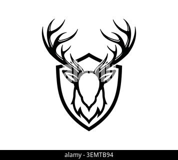 Graphique en noir et blanc représentant une tête de cerf stylisée avec de grands bois centrés dans une crête de bouclier Illustration de Vecteur