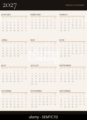 calendrier mural annuel 2027 langue anglaise lundi début portrait élégant design or Illustration de Vecteur