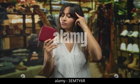 Brunette Latina jeune femme tenant un petit portefeuille rouge, doigt à la tempe tout en examinant les étagères dans un magasin de construction ; contemplation tranquille. Banque D'Images