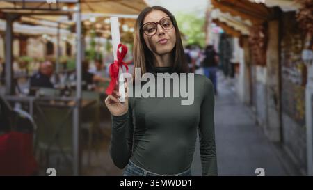 Femme détient un diplôme avec ruban rouge dans le café de rue portant des lunettes et col roulé ; fierté de réalisation. Banque D'Images